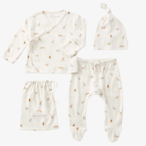 Neutral Safari Print Organic Cotton Pointelle Layette 3 Pc Gift Set