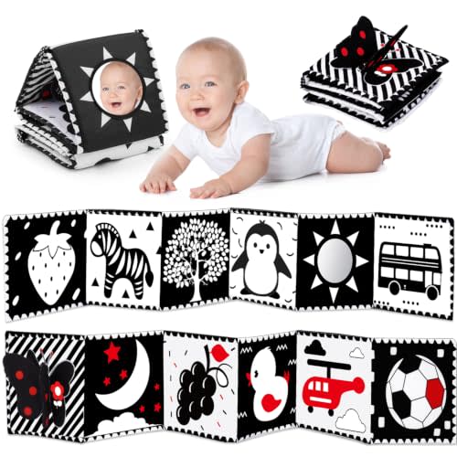 Black and White Baby Toy Tummy Time High Contrast Newborn Toys Essential | Visual Stimulation Soft Baby Book Brain Development Sensory Infant Mirror Toy 0-3 3-6 2 4 5 Months Old Boy Girl Shower Gift