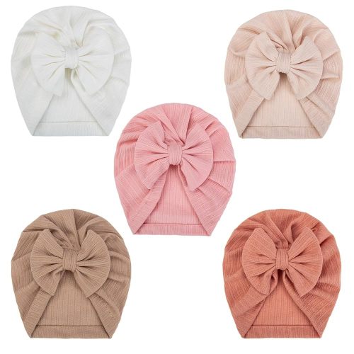 KIDOCHEESE 5PCS Baby Turban Hats Big Bow Newborn Beanie Baby Girls Boys Infants Toddlers Headwraps