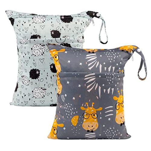 ALVABABY 2pcs Cloth Diaper Wet Dry Bags Waterproof Reusable with Two Zippered Pockets Travel Beach Pool Daycare Soiled Baby Items