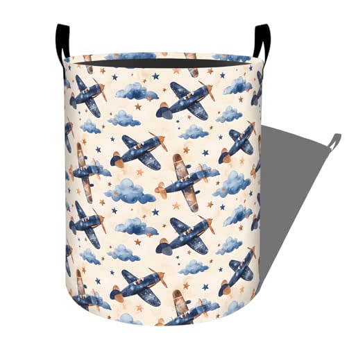 Playful Airplane Laundry Basket with Handles, 19.7"x15.7" Clothes Foldable Starry Cloud Design Laundry Hamper Organizer for Dorm Nursery Bedroom Bathroom Decor, Toy Storage Bin for Kids