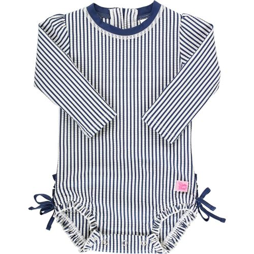 RuffleButts® Baby/Toddler Girls UPF 50+ Sun Protection Long Sleeve One Piece Swimsuit with Zipper - 3-6 Months - Navy Seersucker