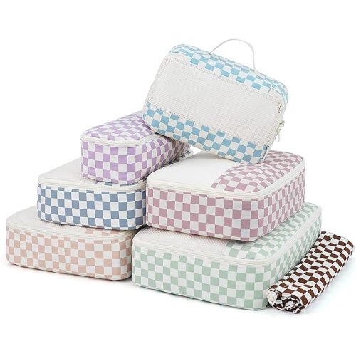 Narwey 7 Set Checkered Packing Cubes for Travel Kids Women, Durable Packing Organizer Bags for Carry on Suitcase Luggage Travel Essentials Accessories (Combined Checkerboard)