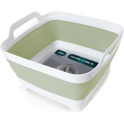 FOSJGO Collapsible Dish Basin with Drain Plug, 2.4 Gal (9L) Space-Saving Foldable Sink, Wash Basin for Kitchen, Baby Bottles, Vegetable Washing, Camping, RV and Party Beverage Tubs (Light Green)