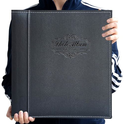 Photo Album Can Hold 3X5, 4X6, 5X7, 6X8, 8X10 Photos, Leather Cover, Magnetic Self-Stick Page, Hand Made DIY Albums (Black, Large)