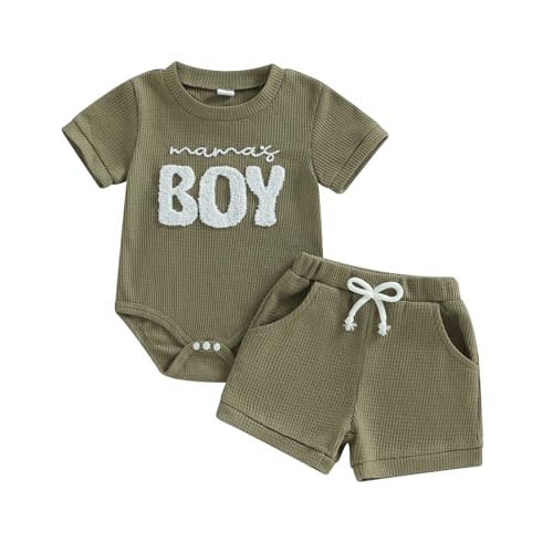 Douhoow Baby Boy Summer Outfits Short Sleeve Mamas Boy Little Dude Embroidery Boy Romper Shorts Set Infant Waffle Clothes