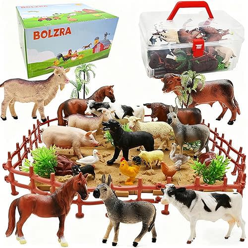 BOLZRA Farm Animal Figurines, Realistic Plastic Animals Toys with Fences Building Blocks, Farm Figures Playset Educational Birthday Gift for Kids & Toddlers, 53 PCS