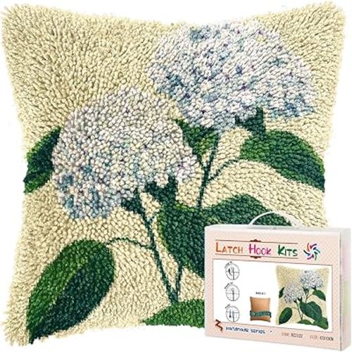 DIY Latch Hook Pillow Kits for Adults Hydrangea Flowers Printed Pillowcase Crochet Yarns Hooking Handmade Pillow Cover Cushion for Home Sofa Decoration 17x17inch-5