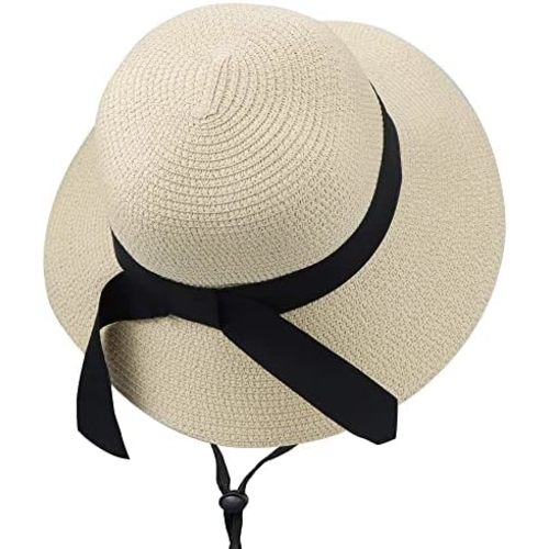Girls Wide-Brim Straw Sun-Hat for Summer Beach with Bow