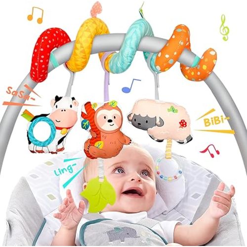 XIXILAND Car Seat Toys Baby Toys 0-3 Months Developmental, Stroller Toys Infant Toys 0-6 Months Newborn Toys, Carseat Toys for Infants 0-12 Months with Dinosaur, Lion Mirror, Teether