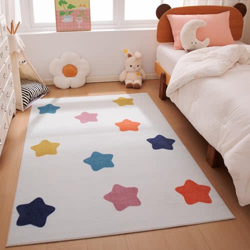 Amazon Basics Kids Printed Area Rug, Soft, Non-Slip, Machine Washable, 4' W × 6' L, Colorful Stars