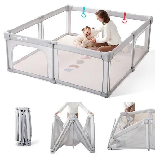 Foldable Baby Playpen,Portable Indoor & Outdoor Playpen for Babies and Toddlers,59”x71”Extra Large Play Pen with Gate,Collapsible Baby Fence with Travel Bag,Light Grey