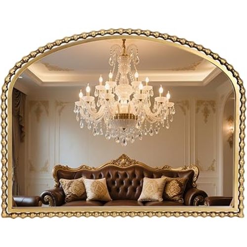 36x28 Inch Wide Arched Wall Mirror with Bold Antique Gold Beaded Frame, Decorative Mantel Mirror for Fireplace or Entryway, Horizontal Hanging Statement Mirror for Living Room Wall Decor