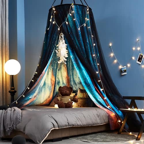 Kertnic Gorgeous Aurora Printed Printed Bed Canopy for Girls & Adults, Room Decorative Cozy Bed Curtain Canopy Drapes, Round Dome Luxurious Lace Princess Canopies Mosquito Netting (Aurora)