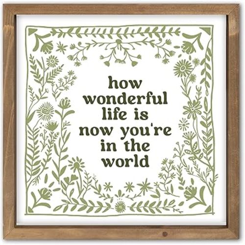 pechpell 11.8 Inch Nursery Wall Decor, Green Wooden How Wonderful Life Is Now You're In The World Sign, Boho Vintage Baby Girl Woodland Nursery Art Kids Room Playroom Table Shelf Decorations for Home