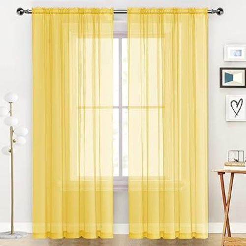 SpaceDresser Sheer Voile Window Treatment Rod Pocket Curtain Panels for Kitchen Bedroom Living Room Drapes Sunlight Filtering Privacy Semi Home Decor Assorted Colors Sizes (Yellow, 52 W x 84 L)