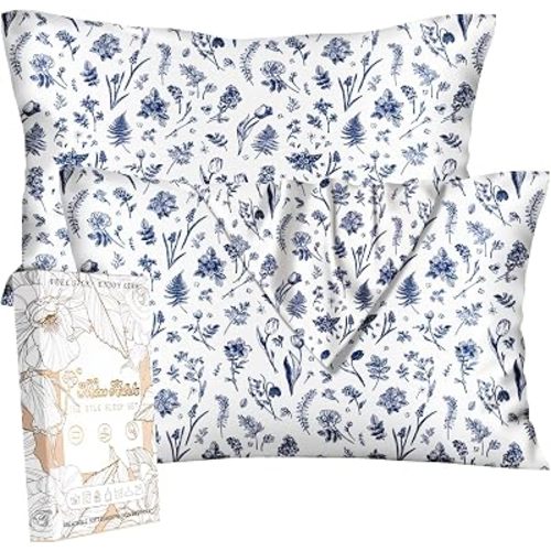 2pcs Silk Pillowcase with Hidden Zipper, Blue Line Flower