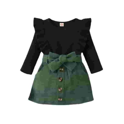 Odeerbi Girls Corduroy Skirt Set Infant Girls Clothes Black Knit 2025 Long Sleeve Top Corduroy Bow Skirt Set Black 9-12 Months