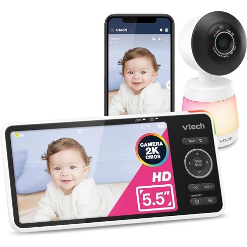 VTech Smart WiFi Baby Monitor – See Your Baby at Home or from Anywhere, 2K Camera, 5.5" Screen, 24X Zoom, Wide Angle, Night Vision, Night Light, Free App | Smart HD Plus