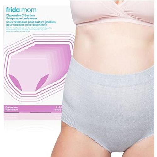 Frida Mom Women's Postpartum Underwear for C-Section Recovery, Disposable High Waist, Seamless with Stretchy Support, Postpartum Essentials, Size Petite (Waist 23"-34" Stretched), 8 Count, Gray
