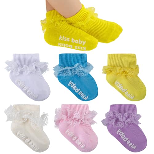 Baby Girl Ruffle Socks with Grips Lace Frilly Ankle Dress Socks | Cute Cotton Infant Ruffled Socks Non Slip Turn Cuff for Newborn 0-6 6-12 Months Toddler Little Girl Easter Photoshot Outfit