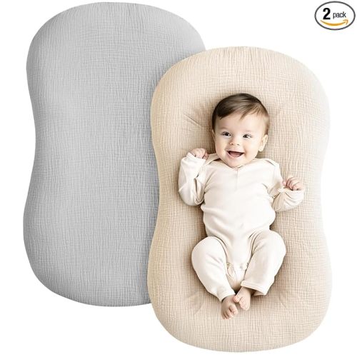 Konssy Muslin Baby Lounger Cover 2 Pack, 100% Cotton Newborn Lounger Cover, Soft and Breathable Baby Nest Slipcover for Boys Girls (Grey,Wheat)