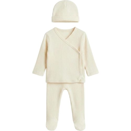3-Piece Newborn Baby Ribbed Kimono Set - 100% Cotton Long Sleeve Wrap Top, Footed Leggings and Beanie Hat