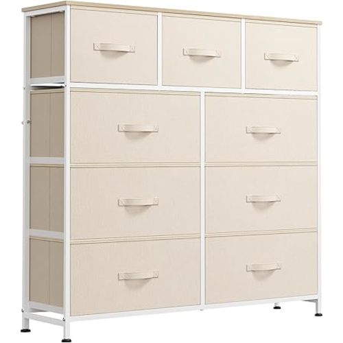 WLIVE 9 Drawer Dresser, Fabric Storage Tower for Bedroom, Hallway, Closet, Tall Chest Organizer Unit for Bedroom with Fabric Bins, Steel Frame, Wood Top, Easy Pull Handle, Cream White