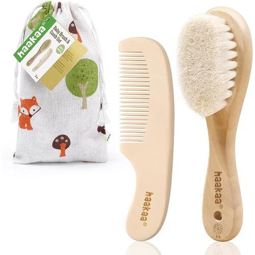 haakaa Baby Hair Brush and Comb Set for Newborns & Toddlers - Natural Soft Goat Bristles and Wooden Handle, Gently Grooms Baby's Hair, Ideal for Cradle Cap, Perfect Baby Gift, 2pk