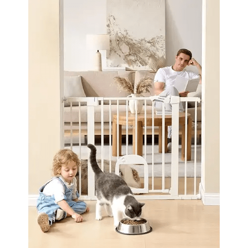 Babelio Baby Gate with Adjustable Cat Door,29-43" Auto Close Durable Pet door for Stairs,Doorways and House,Pressure Mounted,Easy Install,Effortless Walk Thru,White