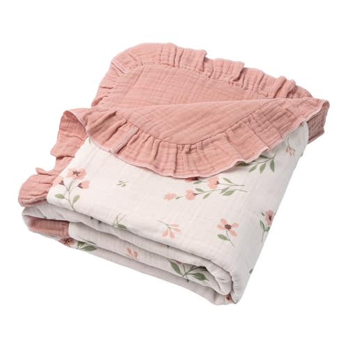 Muslin Swaddle Blankets, 100% Cotton Crepe Swaddle Blanket with Ruffled Edge, 40"×36" Soft Breathable Baby Receiving Blankets, Newborn Swaddle Wrap, Stroller Cover (Mocha Floral)