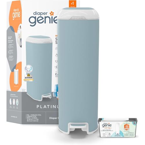 Diaper Genie Platinum Pail (Glacial Blue) is Made in Durable Stainless Steel and Includes 1 Easy Roll Refill with 18 Bags That can Last up to 5 Months.