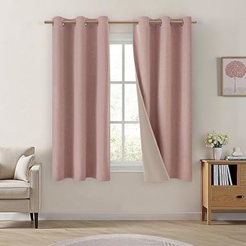 HOMEIDEAS Blush Pink 100% Blackout Curtains 42 X 63 Inches Long, Thick Faux Linen/Linen Blend Textured Window Drapes, Cute Room Darkening Grommet Curtains for Girls Bedroom, Nursery, Living Room