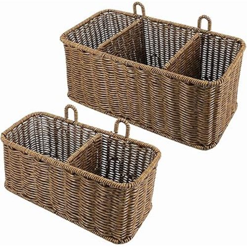 AceList Wall Hanging Basket with Compartment, Woven Hanging Storage Baskets with Hooks - Set of 2, Boho Organizer for Toilet Tank, Bathroom, Kitchen, and Pantry Decor