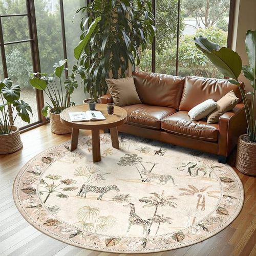 jinchan Round Rug 6ft Beige Jungle Animals Print, Machine Washable 6' Circle Modern Soft Non-Slip Forest Plant Throw Area Rug, Low Pile Carpet for Living Room Bedroom Dining Room Kids Room Playroom