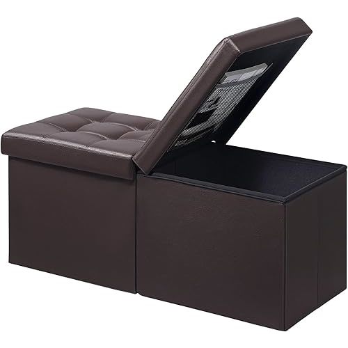 AmasSmile Footrest Ottoman Bench with Storage,34Inch Brown Leather Footstool, Coffee Table, Padded Seat, Storage Chest,Blanket Store with Flipping Lid for Livingroom and Bedroom