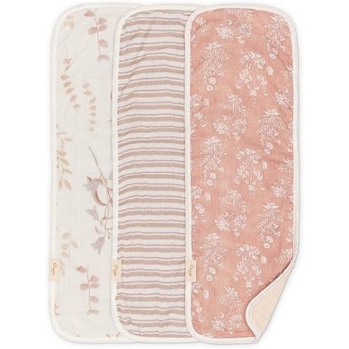 Crane Baby Violet Floral Cotton Muslin Burp Cloth Set, 3 Pack Baby Girl Burp Cloths, Absorbent 100% Cotton Muslin, Pink Burping Cloth for Baby Girl, Soft Burping Cloths for Newborn