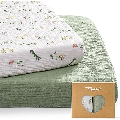 TILLYOU Muslin Mini Crib Sheets 2 Pack, Pack and Play Mattress Sheets Fitted for Pack N Play, 38'' x 26'' Sheet for Toddler, Daisy