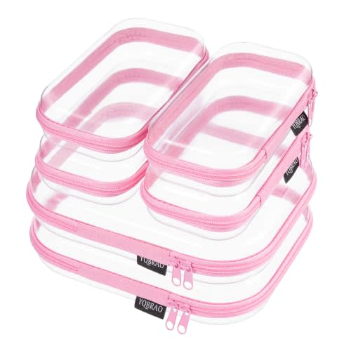 YQBRAO Clear Hard Shell Zipper Cases, 6 Travel Organizers, 2M 4S, Pink | Rigid clear shells in two practical sizes separate toiletries, skincare, cosmetics, chargers and frequently used accessories