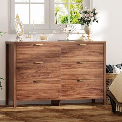 Ieejdn Dresser for Bedroom with 6 Drawers, 47.2" Modern Chest of Drawers, Dresser TV Stand, Wood Drawer Organizer for Living Room, Hallway, Chestnut