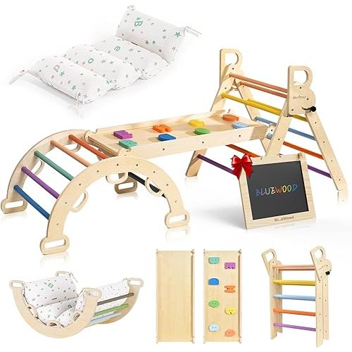 Pikler Triangle Set with Cushion, Foldable Toddler Climbing Toys