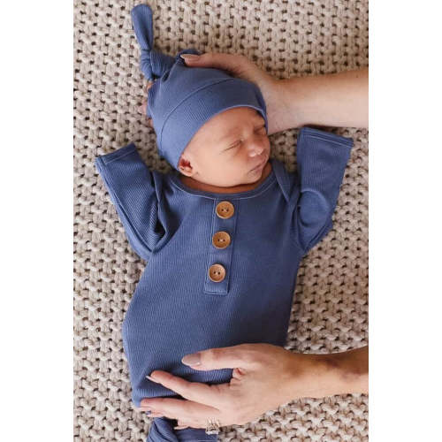 Steel Blue Ribbed Bamboo Baby Knot Gown & Hat