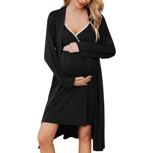 Ekouaer Maternity Nursing Gown and Robe Set Nursing 3 In 1 Labor Delivery Nightgowns for Hospital Breastfeeding Gowns Grey Flower Large