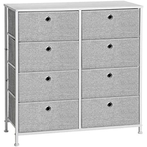 SONGMICS 4-Tier Storage Dresser with 8 Easy Pull Fabric Drawers and Wooden Tabletop for Closets, Nursery, Dorm Room, Light Gray and White ULTS24W