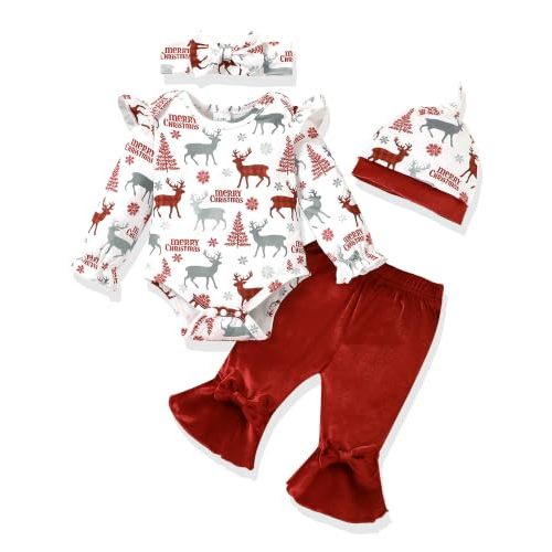 AMAWMW Baby Girl Clothes Ruffle Sleeve Romper Flared Pants Infant Outfit | 4 Pieces Outfit, 0-18 Months, Soft and Skin-friendly Fabric, Bow or Floral Print, Fall Winter Clothing Set