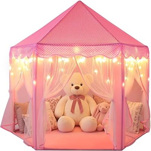 Sumbababy Princess Castle Tent for Girls Fairy Play Tents for Kids Hexagon Playhouse with Fairy Star Lights Toys for Children or Toddlers Indoor or Outdoor Games (Pink)