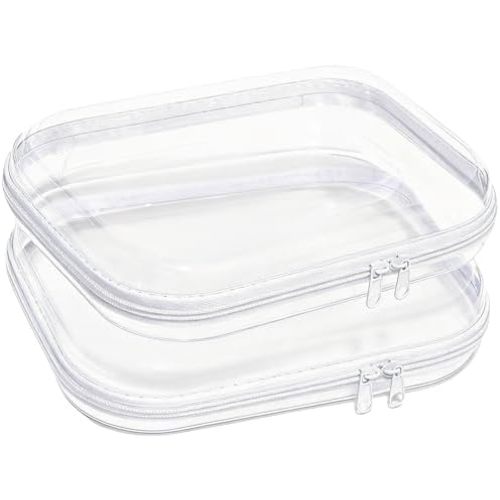 3PCS Clear Hard Plastic Zipper Case, Double Zippers Hard Pouch, Portable Travel Organizer Bin Clear Makeup Bag for Toy Storage, Snack Bag, Cosmetics, Diaper Bag, Toiletry Bag (2PCS-M)