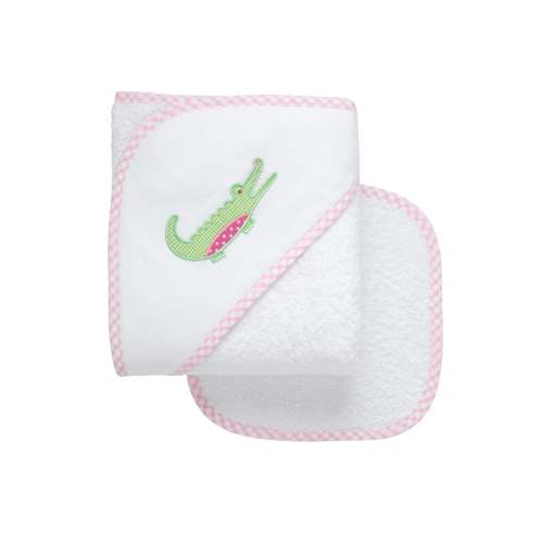 Alligator Applique Hooded Towel & Washcloth Set, Pink