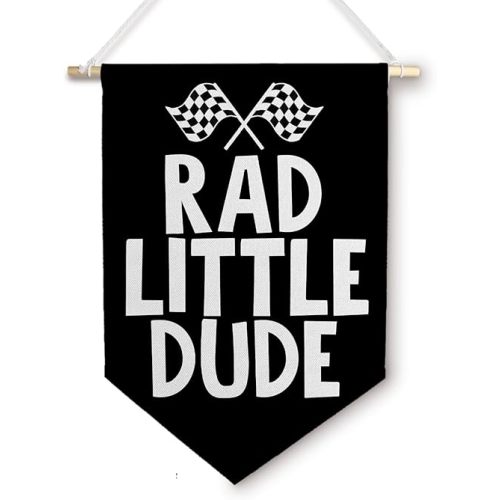 BlissfulAbon Boy Nursery Wall Canvas Banner, Cars Room Decor for Boys, Rad Little Dude Checkerboard Car Racing Wall Hanging Decor Pennant Flags for Boys Bedroom Room Playroom, 11×15 Inch