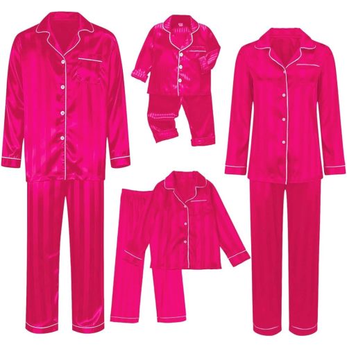 Silk Matching Christmas Pajamas for Family Striped Button Down Shirt and Pants Silky Satin Xmas Pjs Sets for Pictures